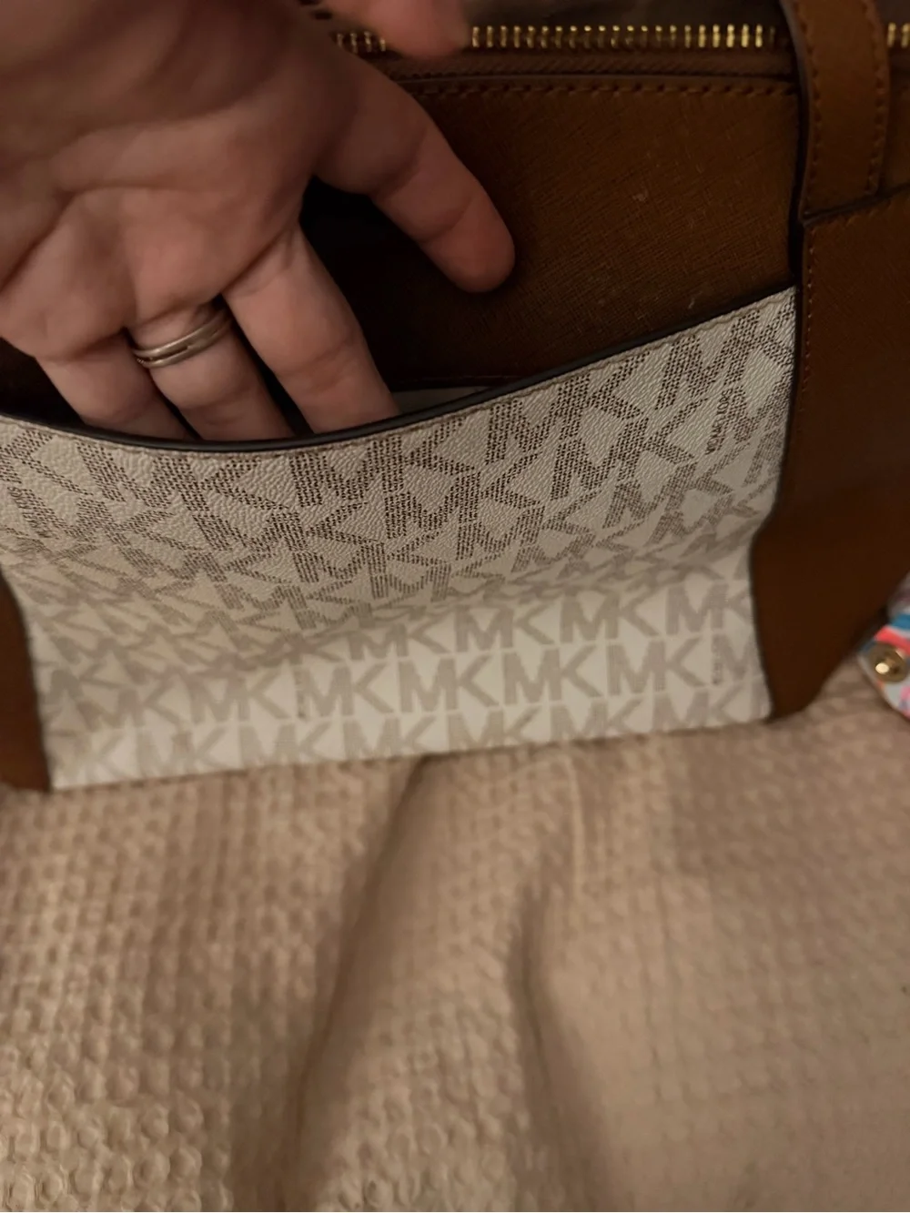 Michael Kors Tan and Cream MK Logo Tote with Gold Accent